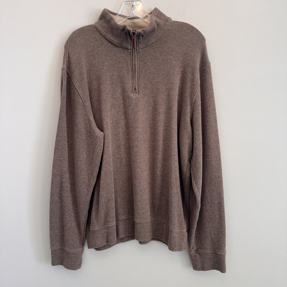 Lands' End Men's Large Brown Drifter Quarter Zip Cotton Sweater Mock Neck